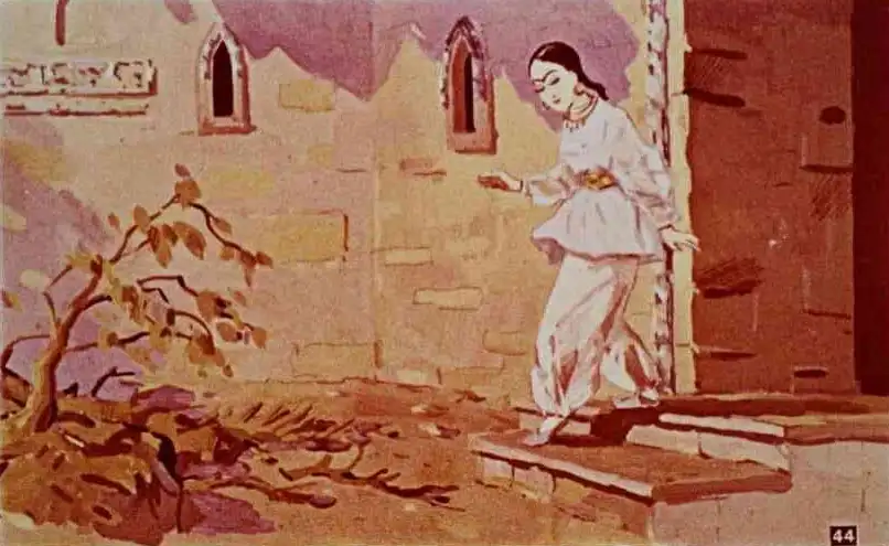 O scenă ilustrată cu o prințesă care iese din palat, într-un decor colorat.