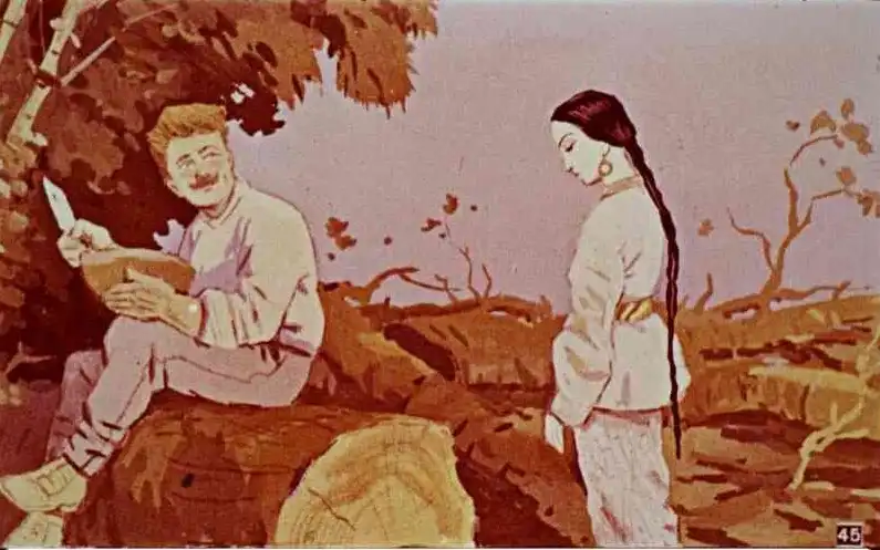 Ilustrație cu o prințesă care se apropie de un tăietor de lemne, exprimându-i recunoștința pentru lumina soarelui.