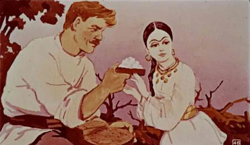 Ilustratie cu un taietor de lemne si o printesa, care discuta si impart mancare in semn de recunostinta.