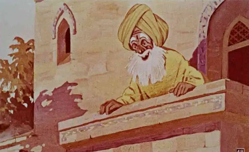 Ilustrație cu un sultan zâmbitor care supraveghează fericit o scenă din viața de zi cu zi.