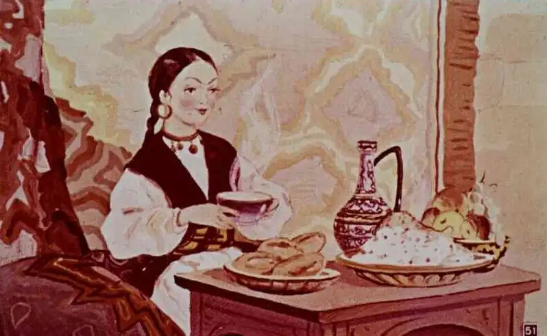 Ilustrație a unei prințese ce servește masa, cu diverse bunătăți pe masă.