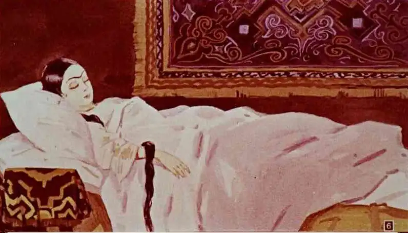 Ilustrație cu o prințesă care doarme, însoțită de un text despre tristețea și oboseala acesteia.