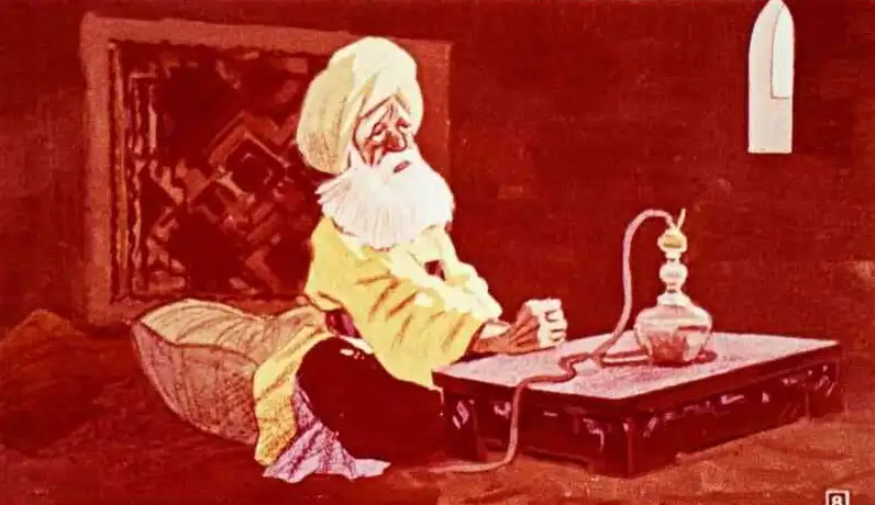 Ilustratie a unui sultan trist, reflectand asupra starii fiicei sale bolnave.