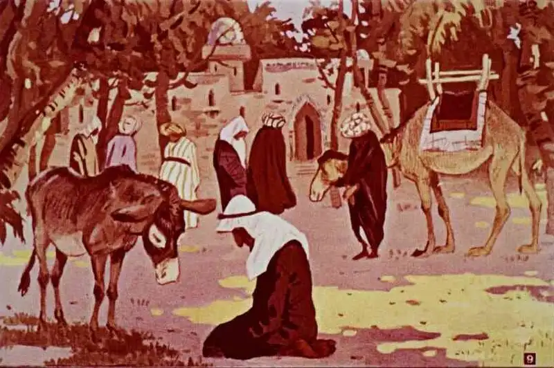 Ilustrație cu oameni și animale în fața unui palat, reprezentând o scenă dintr-o poveste.