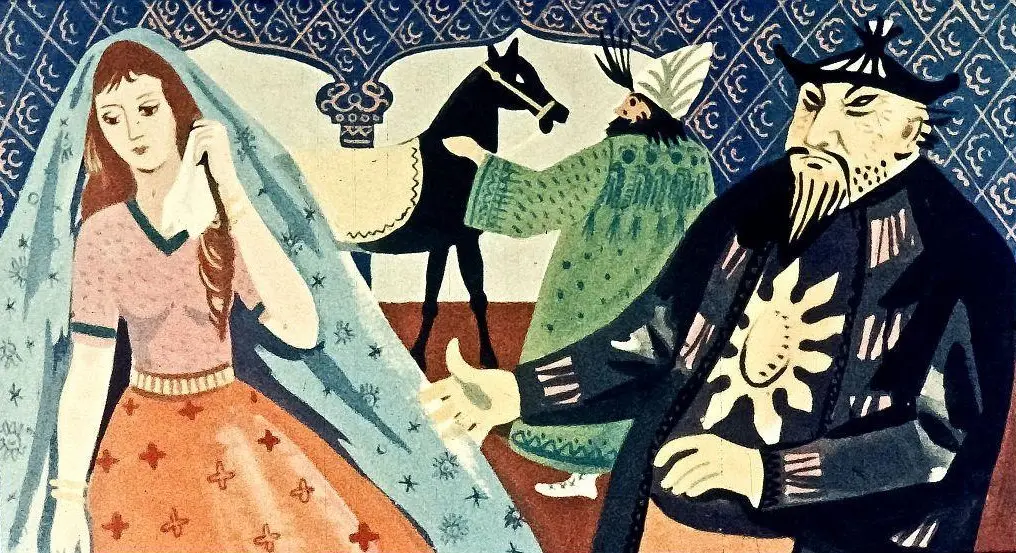 O ilustrație care prezintă o scenă cu o femeie, un cal și doi bărbați, fiecare având expresii diferite, într-un cadru colorat și artistic.