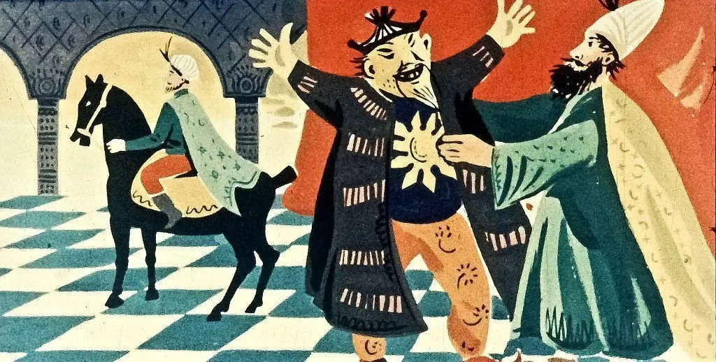 Ilustrație colorată cu personaje în costume tradiționale, un bărbat pe un cal, și doi bărbați în discuție într-un peisaj oriental.