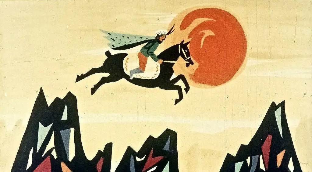 O ilustrație artistică a unei persoane călare pe un cal, sărind peste vârfuri de munte, cu un soare mare în fundal.