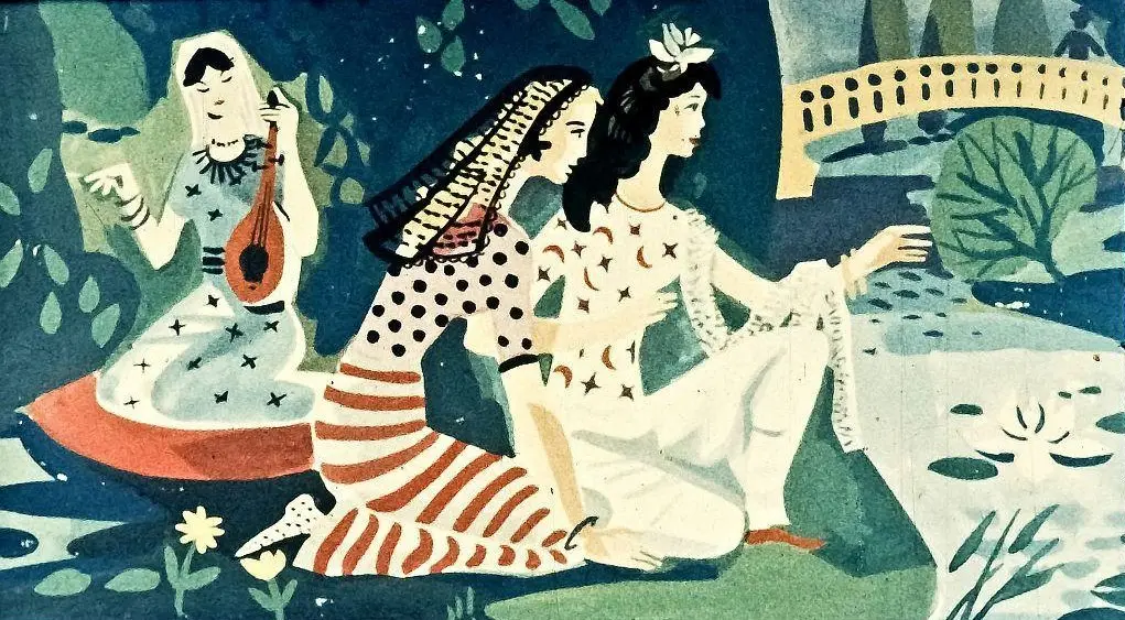 Ilustrație colorată de trei femei, una cântând la un instrument, una în genunchi contemplând și alta privind un peisaj cu un pod și apă.