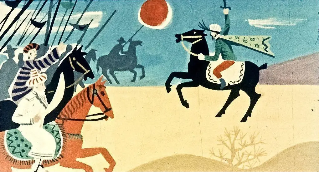 O scenă ilustrativă cu călăreți pe cai, un luptător pe un cal negru cu o mantie verde, o soare roșie la orizont și oameni călărind pe cai, într-un peisaj deschis.