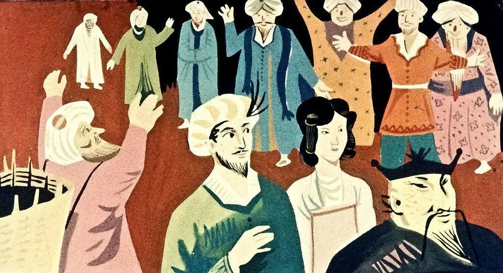 O ilustrație colorată care prezintă o scenă de luptă medievală, cu soldați călare și steaguri în fundal.