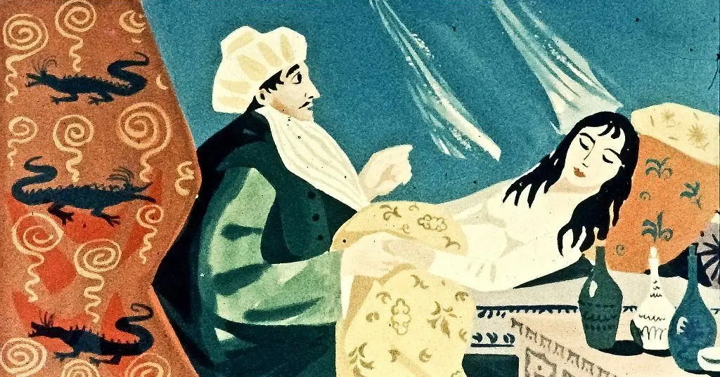 O ilustrație colorată care prezintă o scenă de stradă cu oameni îmbrăcați în costume tradiționale, un bărbat cu o cutie de instrumente și o sticlă, două personaje lângă o casă tradițională, ornamente asiatice și un peisaj montan în fundal.