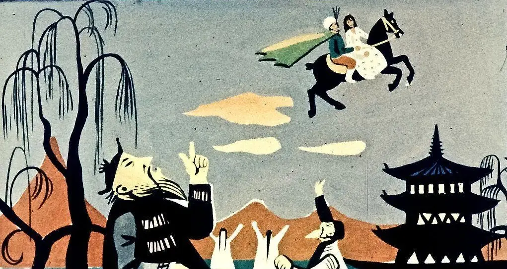 O ilustrație colorată care înfățișează trei personaje: un bărbat și o femeie lângă un cal, iar un alt bărbat, îmbrăcat în haine negre cu buline albe, se întoarce spre ei, pe un fundal cu soare roșu și peisaj stilizat.