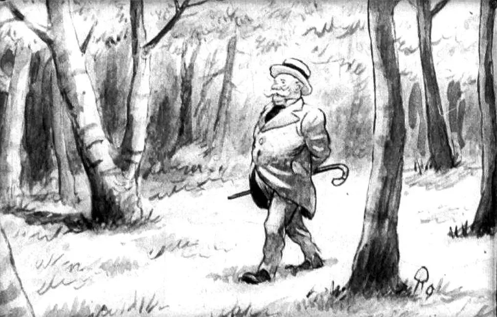 Un bărbat cu pălărie și baston plimbându-se printr-o pădure, înconjurat de copaci.