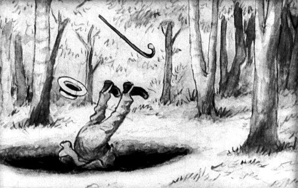 O ilustrație în alb și negru cu un bărbat căzând cu picioarele în sus într-o groapă, înconjurat de copaci și o pălărie căzând dintr-o poziție deasupra.