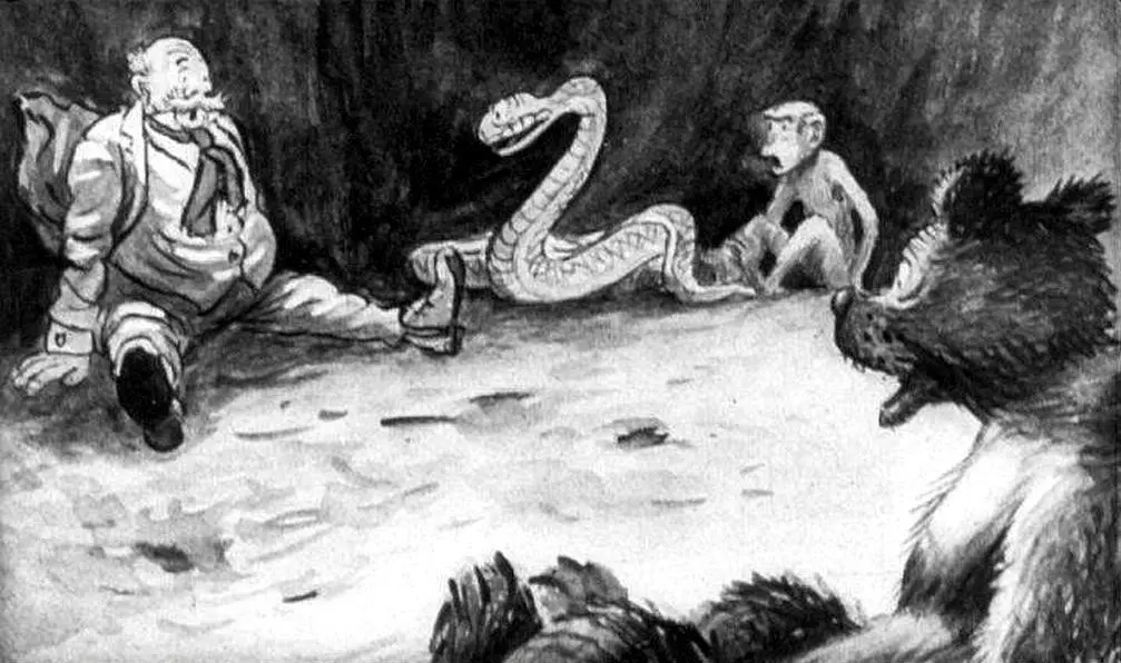 Imagine ilustrativă cu un bărbat în costum, un șarpe și un alt bărbat, într-un decor întunecat.