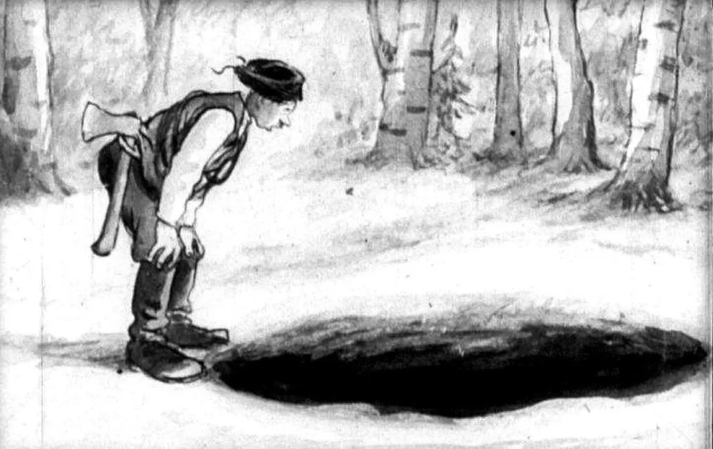 Ilustrație în alb și negru cu un bărbat îmbrăcat rustic, care se uită într-o groapă în pădure, cu copaci în fundal.