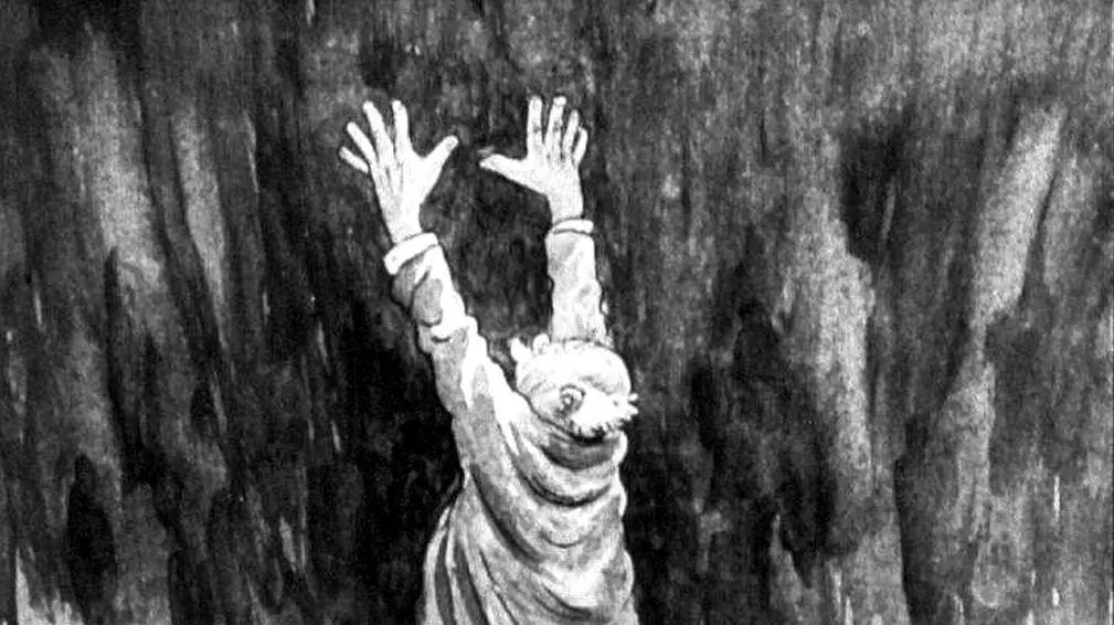 Ilustrație în alb și negru cu o persoană care își ridică brațele în sus, într-un peisaj întunecat.