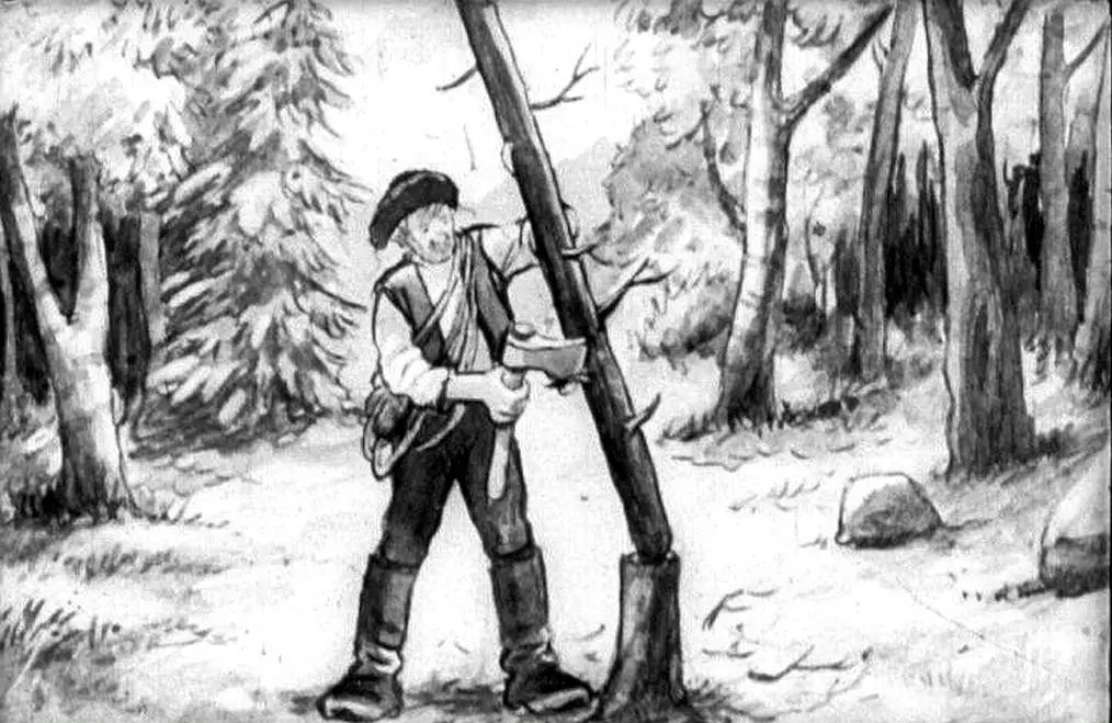 Ilustrație alb-negru a unui bărbat îmbrăcat în stil vechi care taie un copac într-o pădure.