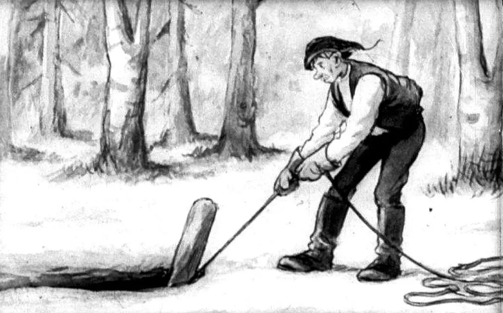 Ilustrație în alb și negru cu un om care folosește o sfoară pentru a trage un obiect dintr-o gaură, înconjurat de copaci.