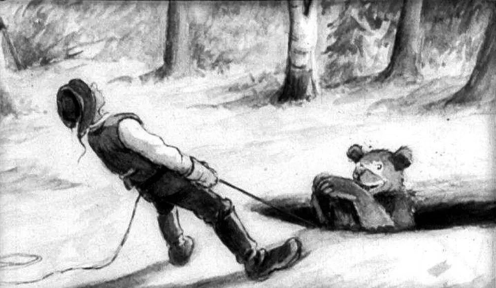 Un bărbat îmbrăcat în haine de muncă trăgând de un frânghie, în timp ce un urs se află în spatele lui, ieșind dintr-o groapă în pădure.