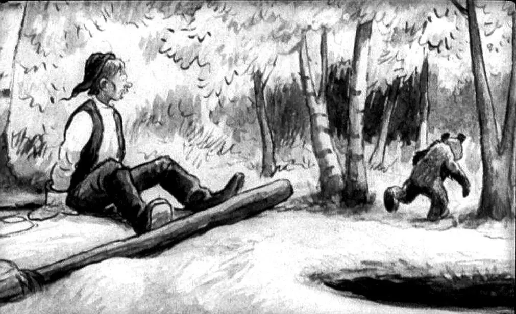 Imagine in care un baiat sta pe un buștean in pădure, uitandu-se la o persoană care se îndepărtează în direcția opusă.