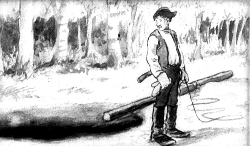 Ilustrație alb-negru cu un bărbat care stă lângă un obiect lung pe sol, într-o pădure. Bărbatul poartă o vestă și pălărie, ținând un instrument în mână.