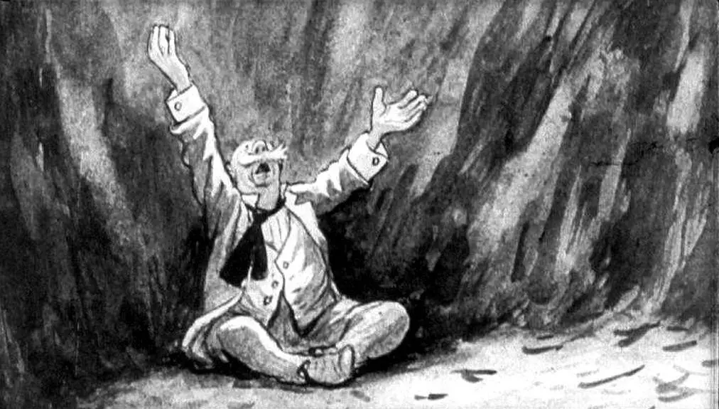 Un bărbat îmbrăcat elegant stă pe jos, cu brațele ridicate, exprimând bucurie sau ușurare, într-un mediu întunecat.