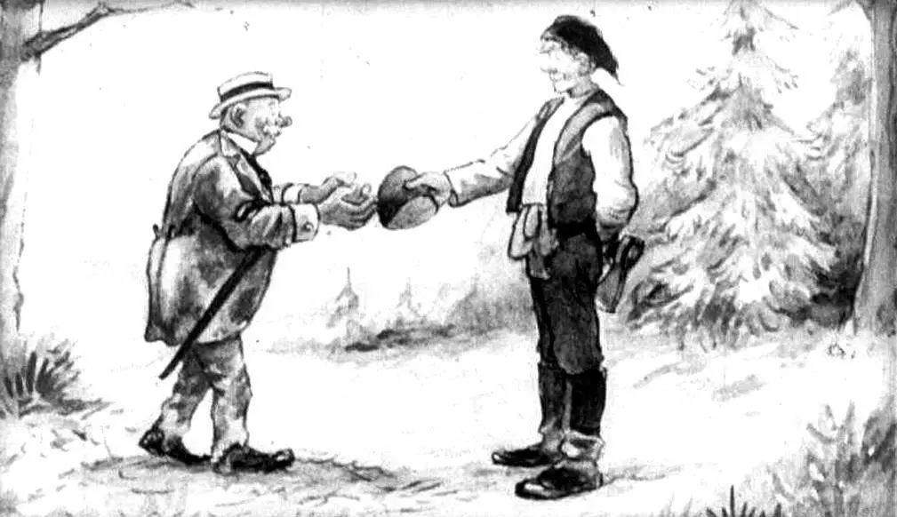 Imagine alb-negru cu doi bărbați: unul îmbrăcat elegant cu o pălărie, celălalt într-o ținută de epocă, care se întâlnesc într-o pădure și își schimbă pălăriile.