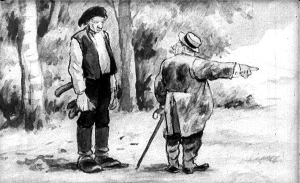 O scenă dintr-o animație alb-negru, prezentând doi bărbați într-o pădure. Un bărbat stând în picioare poartă o vestă și un pălărie, iar celălalt bărbat, îmbrăcat cu un obiect de îmbrăcăminte lung, îi arată cu degetul în direcția unui obiect sau zonă din afara imaginii.