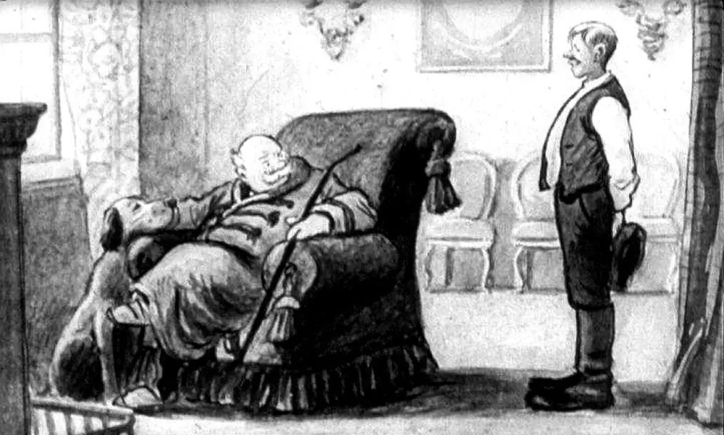 Ilustrație în alb și negru a unui bătrân care stă pe un scaun confortabil cu un câine lângă el, în timp ce un bărbat tânăr îmbrăcat elegant îl observă.