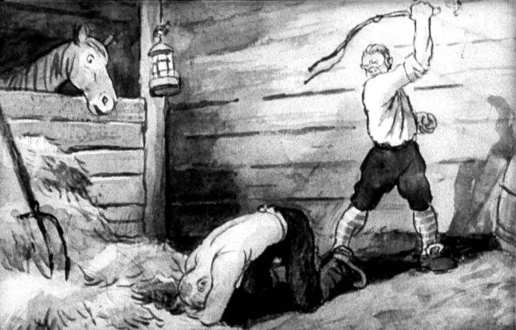 Imagine în alb și negru arătând un bărbat care lovește cu un bici o persoană aplecată pe podea într-o grajd, în timp ce un cal observă din fundal.
