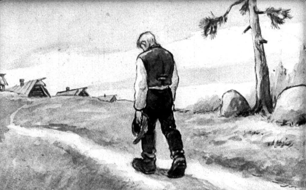 Ilustrație în alb și negru cu un bărbat îmbrăcat în haine tradiționale, mers pe un drum, cu pădure și stânci în fundal.