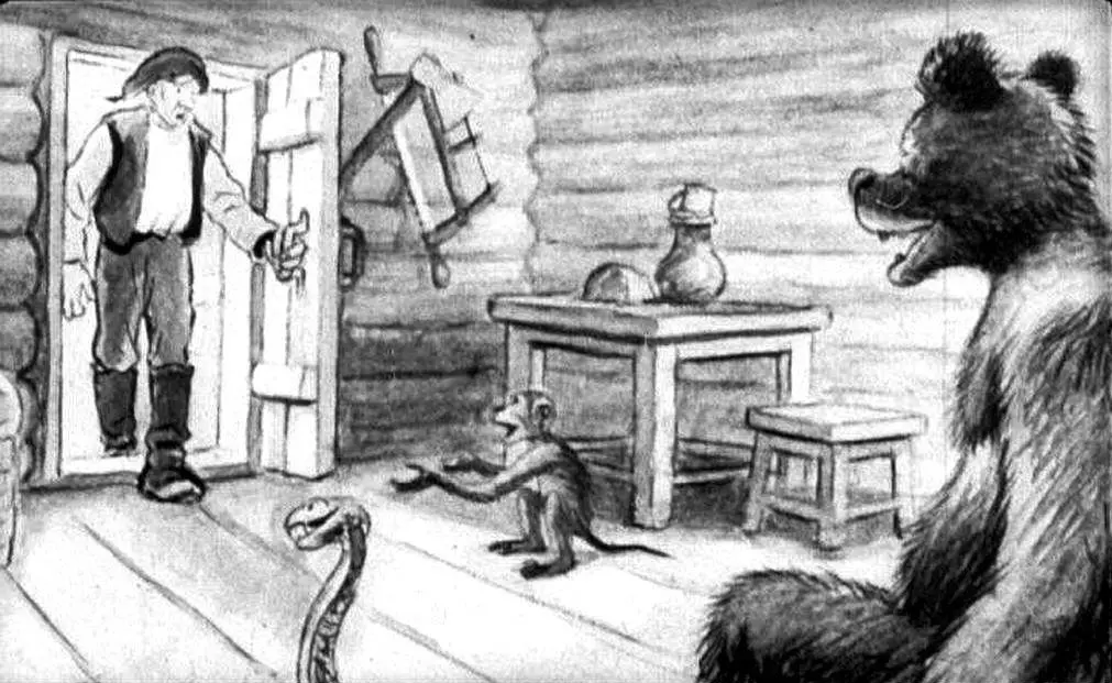 Ilustrație alb-negru cu un bărbat la ușa unei cabane, un urs care se uită și un maimuțoi care cere ajutor.