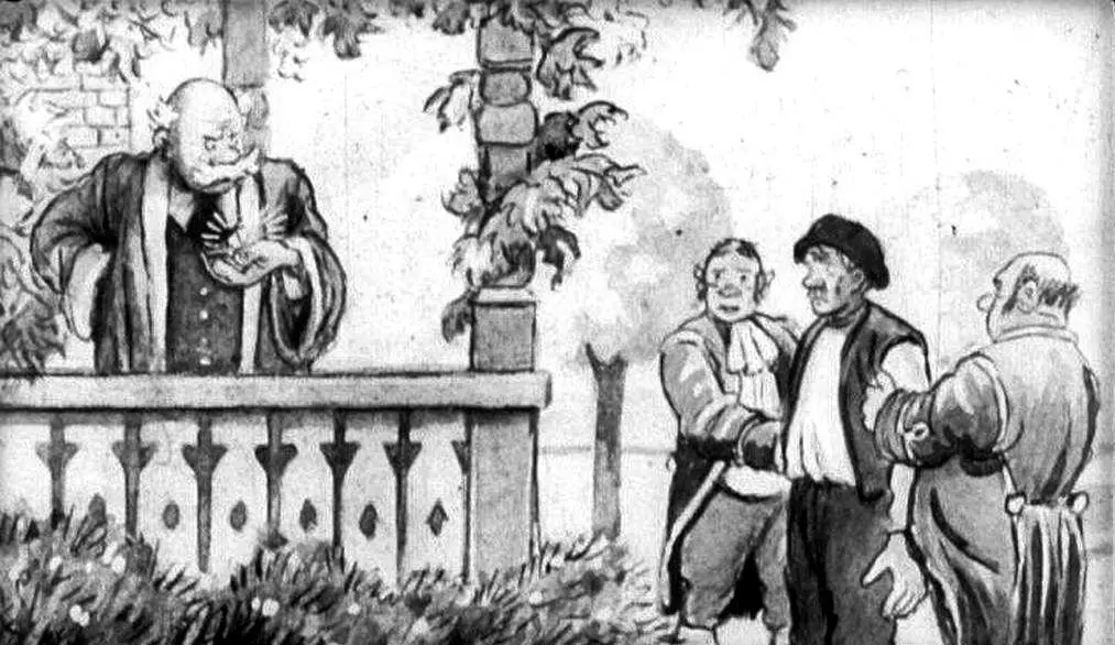 Ilustrație în alb și negru cu patru bărbați într-o scenă exterioară, unul dintre ei stând pe un balcon.