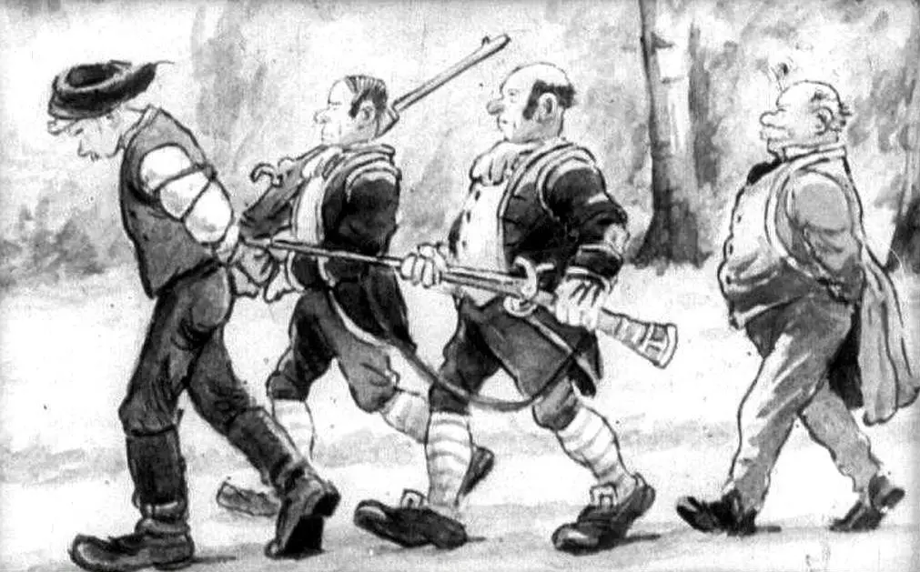 Ilustrație în alb și negru cu patru bărbați, trei dintre ei purtând costume istorice și având fețe expresive, în timp ce un altul este dus legat de brațe, într-un peisaj de pădure.