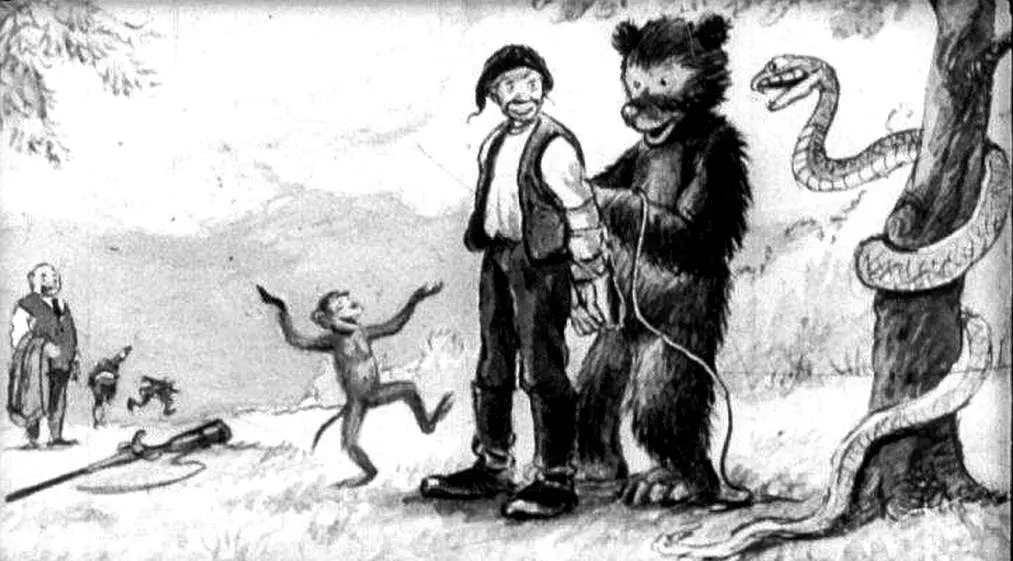 A drawing depicting a scene with a man standing with a bear, a monkey celebrating nearby, and a snake on a tree, illustrating a whimsical animal interaction.