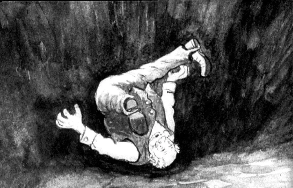 O ilustrație în alb și negru care arată o persoană căzând într-un hău sau o fântână, cu picioarele în sus și mâinile întinse.