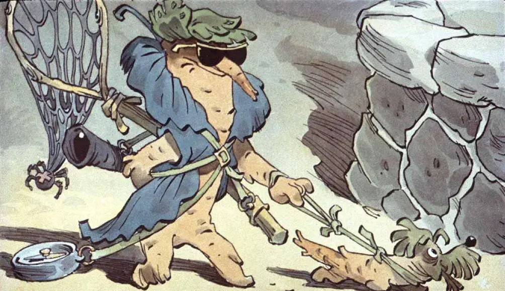 Un personaj animat, îmbrăcat într-o haină albastră, poartă ochelari de soare și merge pe o stradă, ținând un câine în lesă.