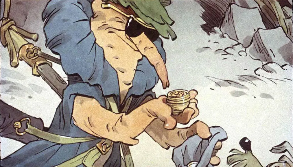 Ilustrație a unui personaj fantastic, cu trăsături neobișnuite, care poartă ochelari de soare și ținuta unui aventurier, ținând o mână de monede într-o mână și un obiect în cealaltă, într-un peisaj sugestiv.