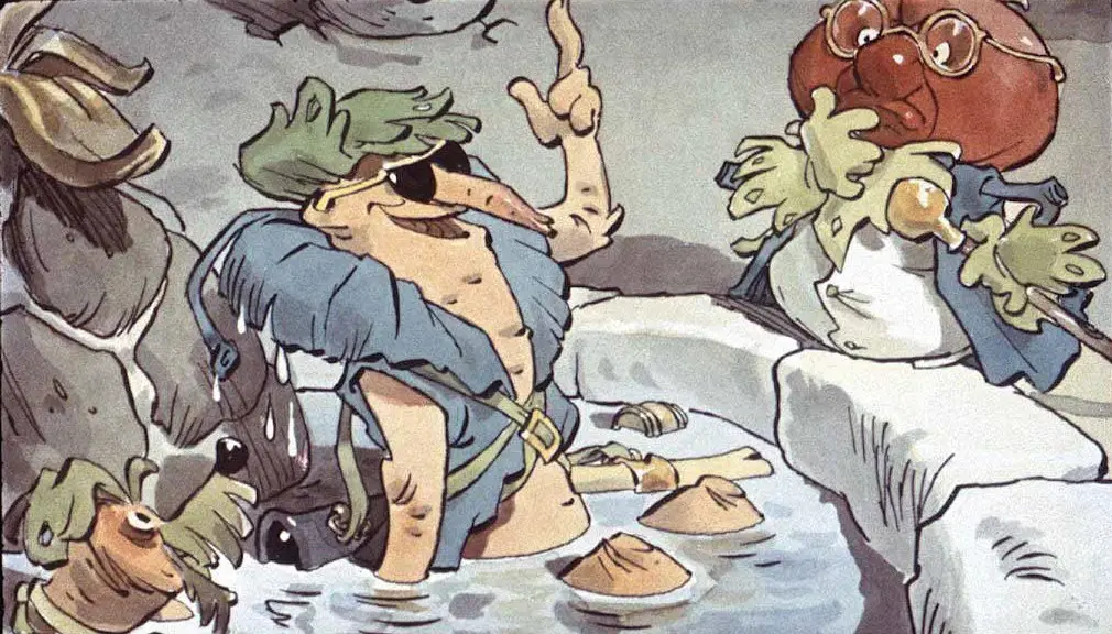 O ilustrație animată care prezintă un personaj cu un nas lung, îmbrăcat într-o vestă, stând în apă, alături de un alt personaj cu o față rotundă și ochelari, arătându-se surprins.