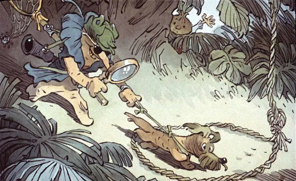 O ilustrație care prezintă un personaj care folosește o lupă pentru a examina un câine legat cu o frânghie, înconjurat de vegetație tropicală.