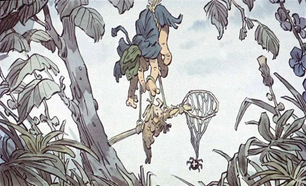 O scenă animată care ilustrează o figură care se agață de un copac, ținând o plasă, cu o altă figură atârnând de ea.