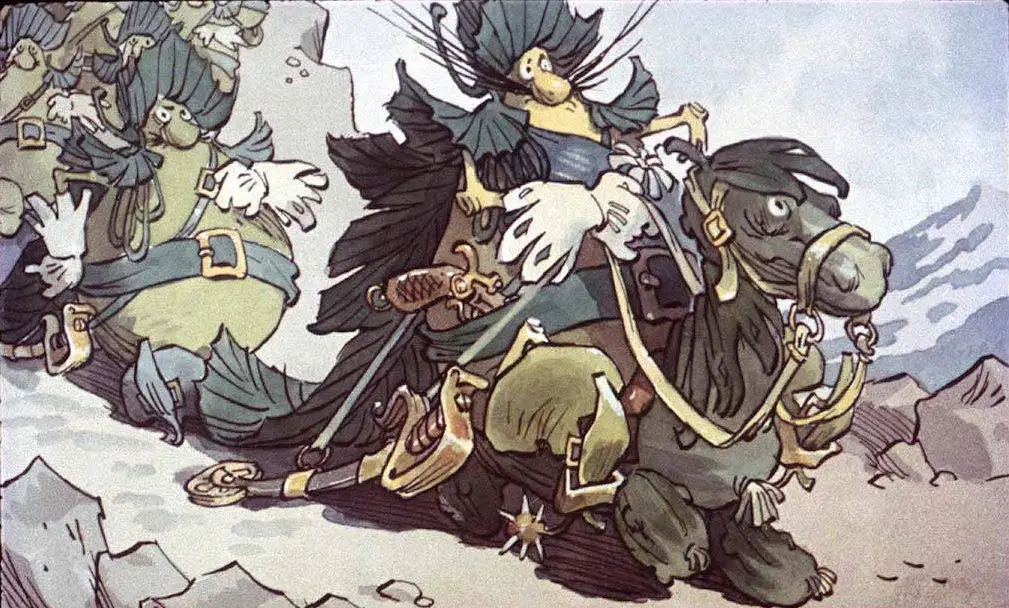 Ilustrație animată cu personaje în costume medievale călărind. Un personaj este pe un cal, iar alte personaje sunt în fundal.