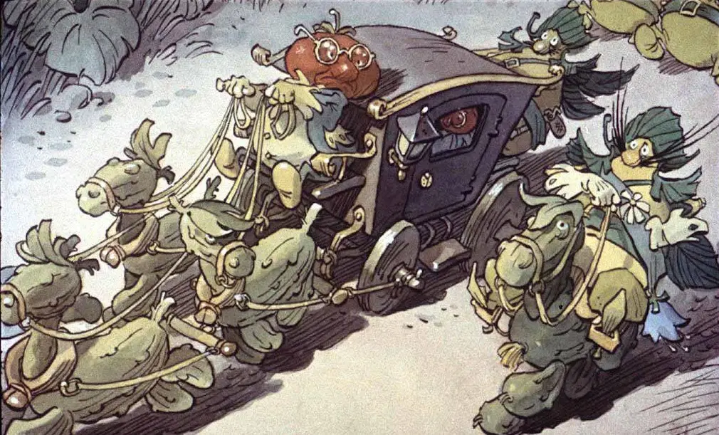 Ilustrație animată cu o trăsură trasă de personaje fictive, în care sunt prezente creaturi ciudate și un vehicul colorat.