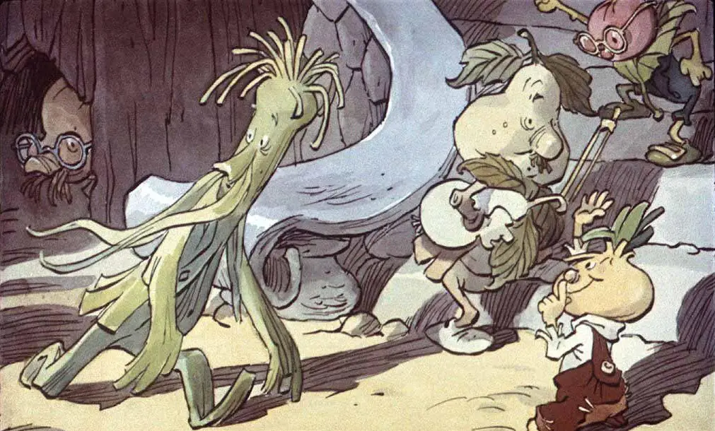 Ilustrație animată cu personaje fantastice, inclusiv un personaj verde cu tentacule, care interacționează cu alte personaje într-un peisaj de desene animate.