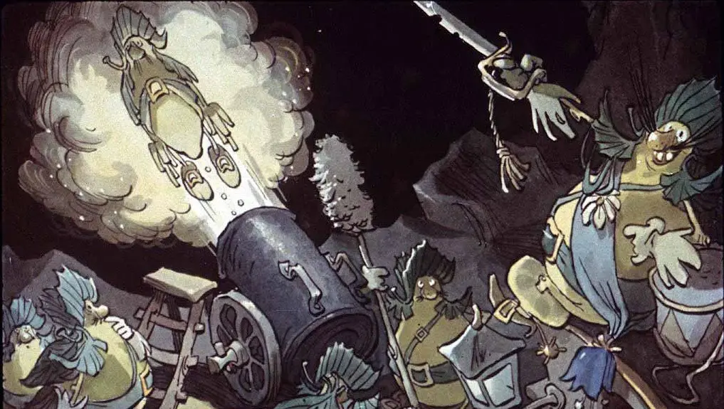 O ilustrație animată cu o scenă comedică în care personaje fantastice apar lângă un tun, care trage în aer, generând fum. Personajele, cu trăsături umane și aspect amuzant, interacționează într-un mediu de tip cavernă.