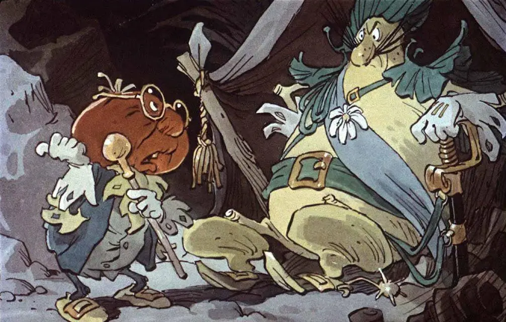 Ilustrație animată cu două personaje fantastice; unul mic cu ochelari și o baghetă, iar celălalt mai mare, îmbrăcat într-o mantie, stând într-o peșteră.