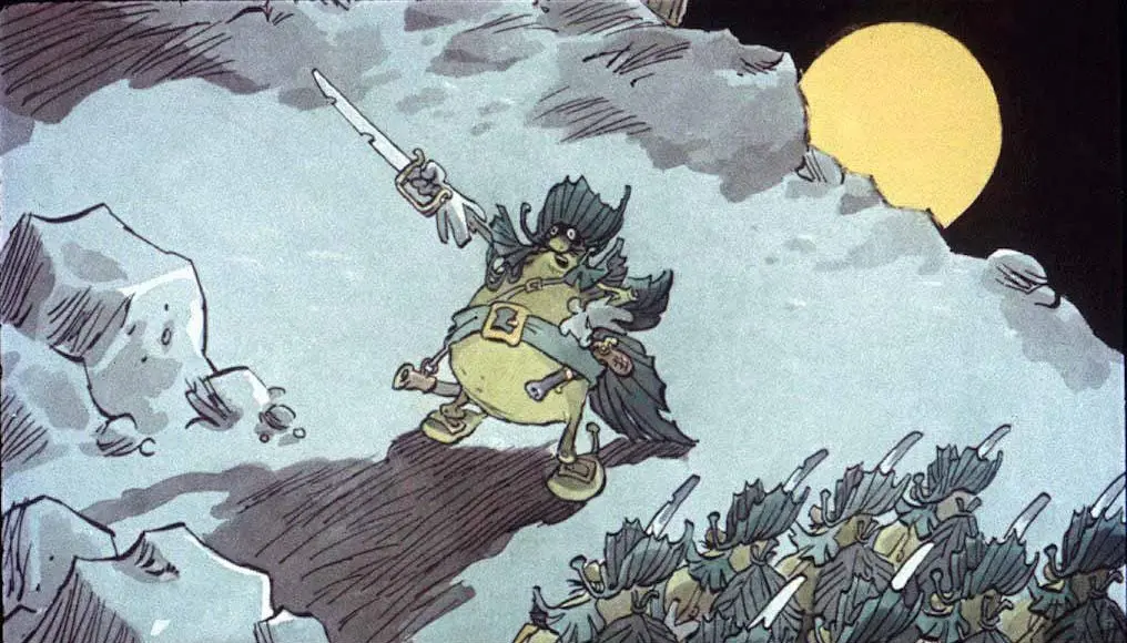 Ilustrație animată cu un personaj rotund îmbrăcat în haine de pirat, ridicând o sabie pe un fundal de noapte cu o lună mare.