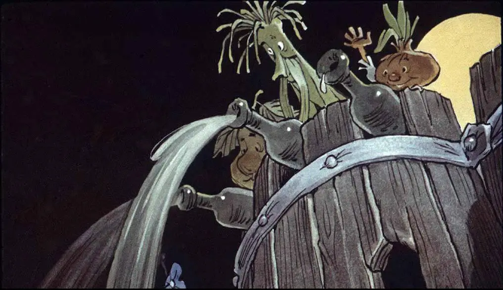 Ilustrație animată cu personaje fantastice care turnă apă din sticle într-un rezervor din lemn sub lumina lunii.