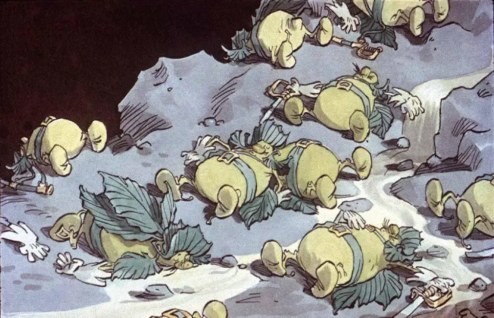 Imagine cu mai multe personaje de dimensiuni mici, purtând frunze, culcate pe un sol stâncos.